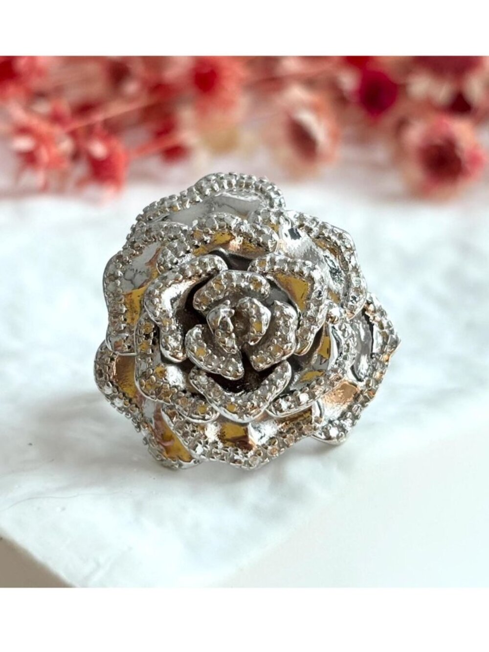 Blooming Rose Floral Textured Jumbo Sterling Silver 925 Vintage Ring - sz 7